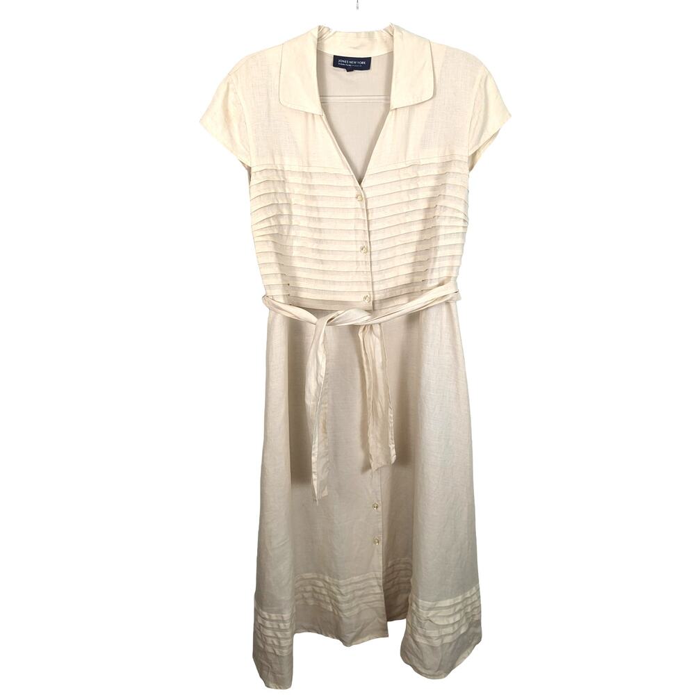 Vintage Jones New York Maxi Linen Cream Shirt Dress Pleated Cap Sleeve
